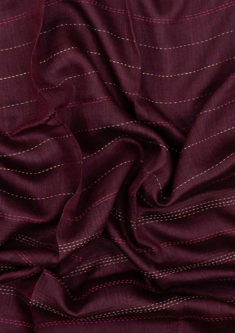Burgundy Printed Tussar Silk Saree With Floral Motifs In Border For Women - Indya