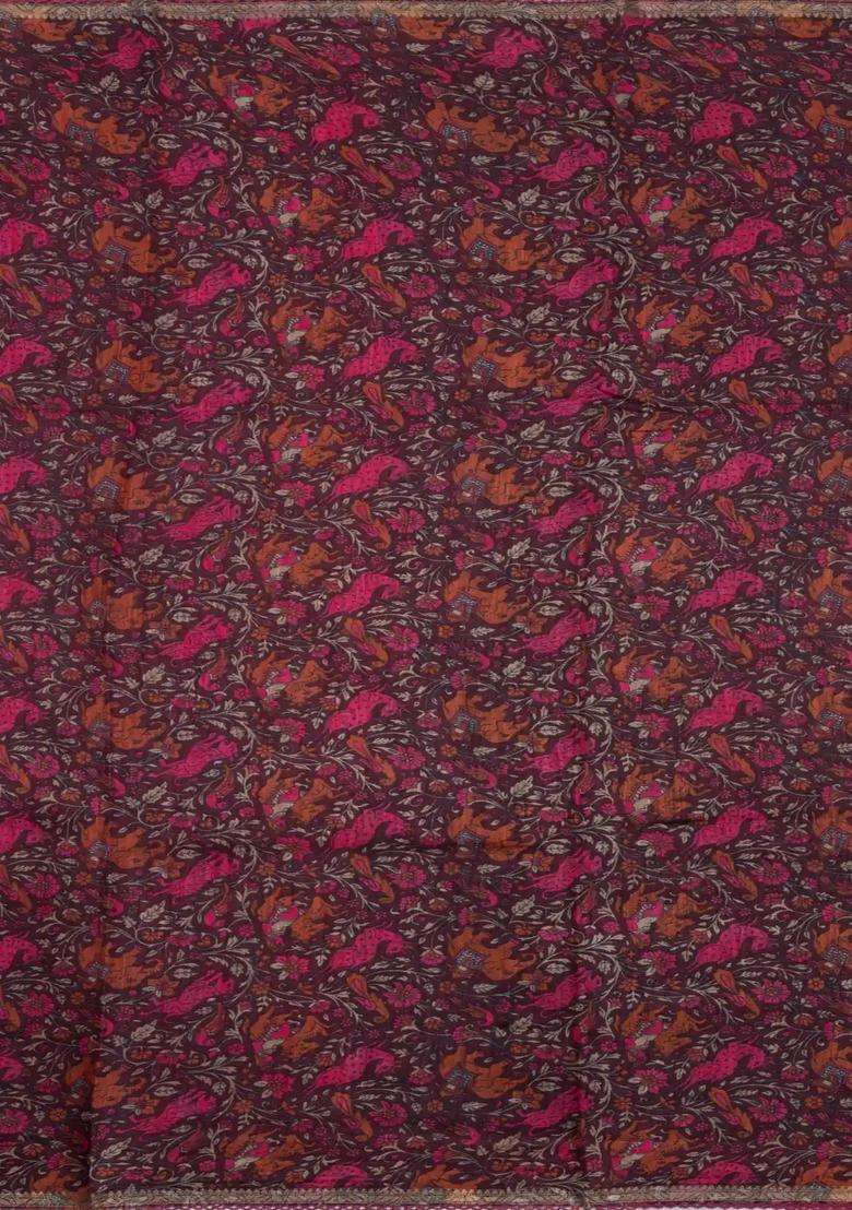 Burgundy Printed Tussar Silk Saree With Floral Motifs In Border For Women - Indya