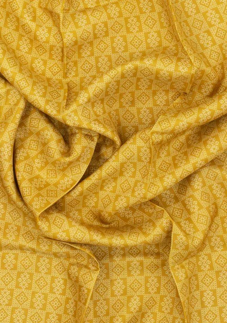 Mustard Printed Tussar Silk Saree With Floral Motifs For Women - Indya