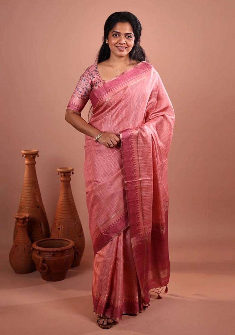 Dusty Pink Woven Synthetic Dola Silk Saree With Temple Border With Korvai And Temple Border Design For Women - Indya