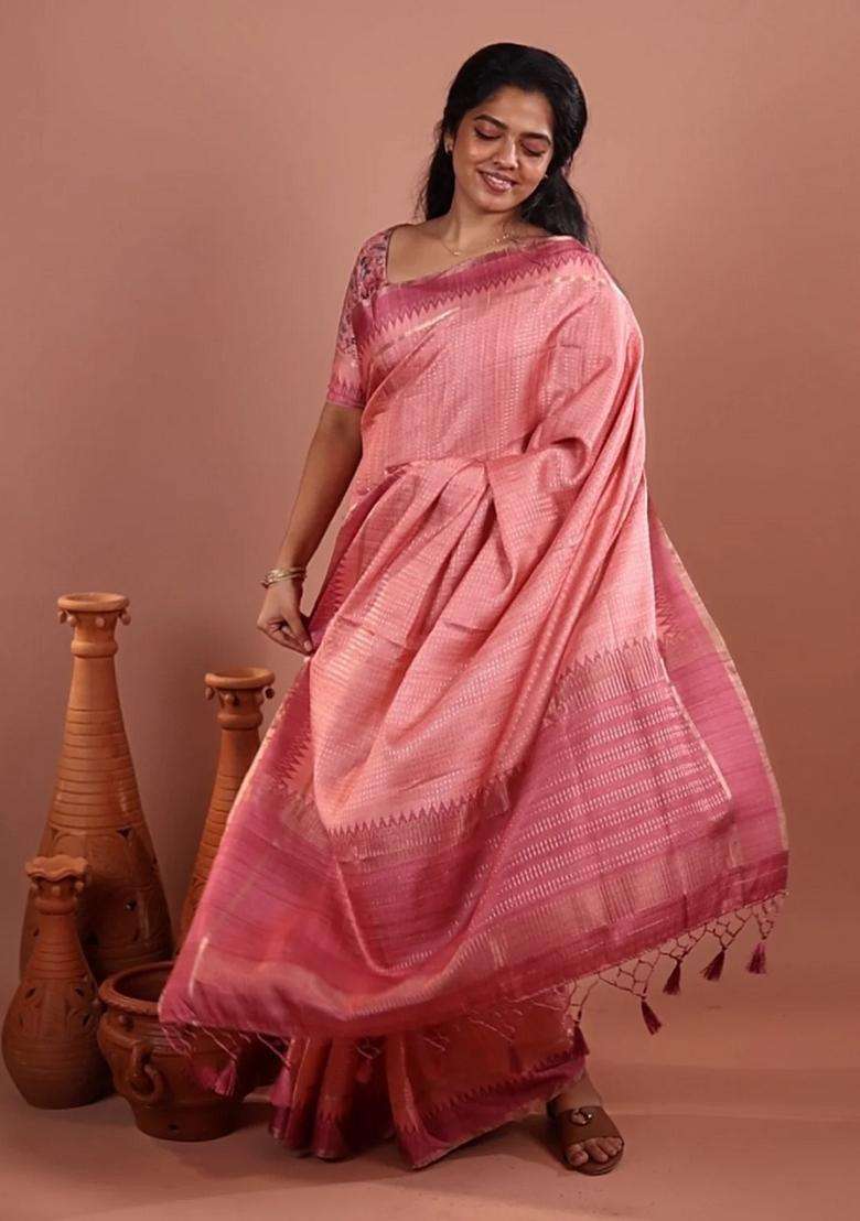 Dusty Pink Woven Synthetic Dola Silk Saree With Temple Border With Korvai And Temple Border Design For Women - Indya