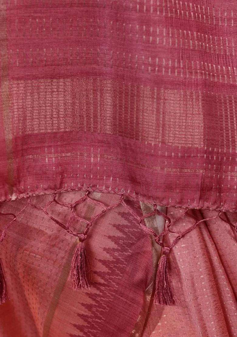 Dusty Pink Woven Synthetic Dola Silk Saree With Temple Border With Korvai And Temple Border Design For Women - Indya