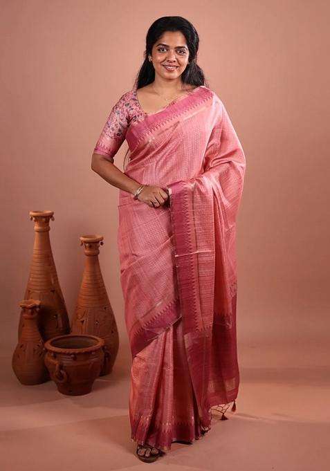 Dusty Pink Woven Synthetic Dola Silk Saree With Temple Border With Korvai And Temple Border Design For Women