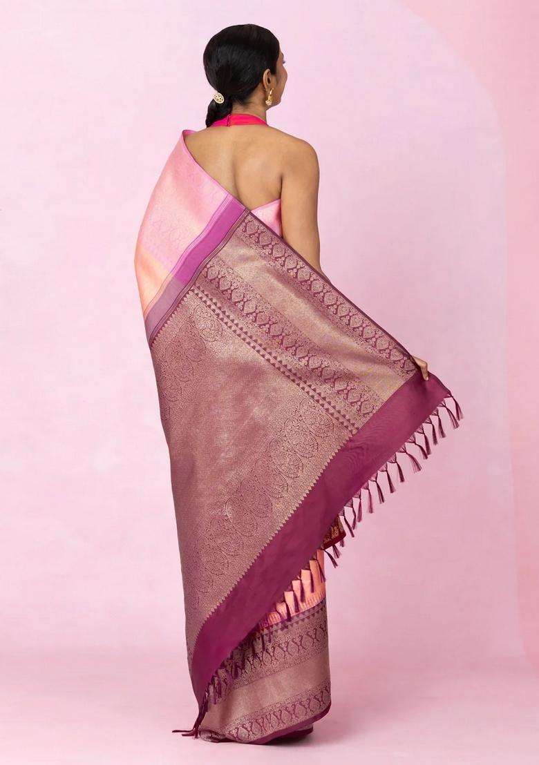 Light Peach Handloom Korvai Kanchipuram Silk Saree With Ganga Jamuna Border With Korvai And Temple Border Design For Women - Indya
