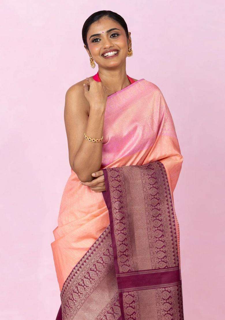 Light Peach Handloom Korvai Kanchipuram Silk Saree With Ganga Jamuna Border With Korvai And Temple Border Design For Women - Indya