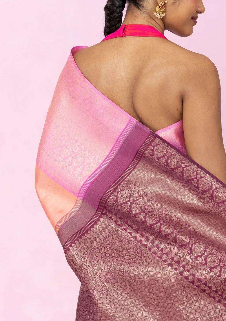 Light Peach Handloom Korvai Kanchipuram Silk Saree With Ganga Jamuna Border With Korvai And Temple Border Design For Women - Indya