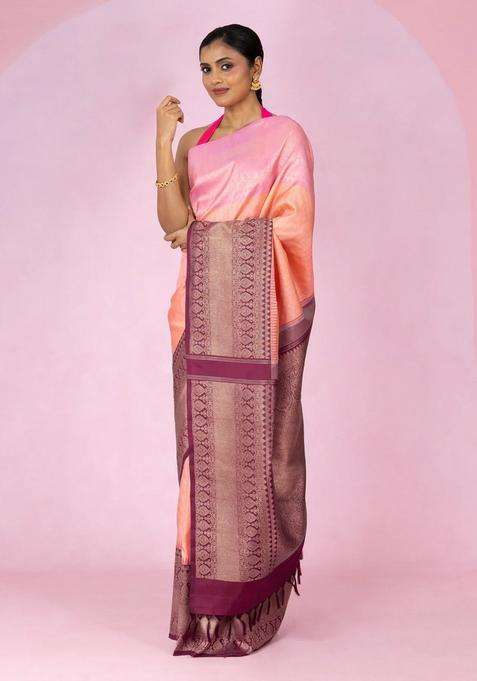 Light Peach Handloom Korvai Kanchipuram Silk Saree With Ganga Jamuna Border With Korvai And Temple Border Design For Women