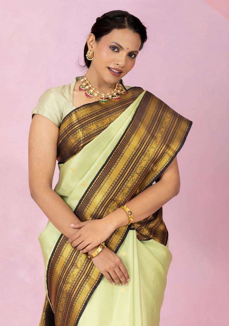 Cardamom Green Handloom Korvai Kanchipuram Silk Saree With Zari Buttas With Korvai And Temple Border Design For Women - Indya