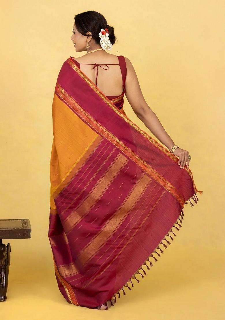 Oil Mustard Handloom Kanchipuram Silk Saree With Raindrop Buttas With Buttas And Brocade Design For Women - Indya