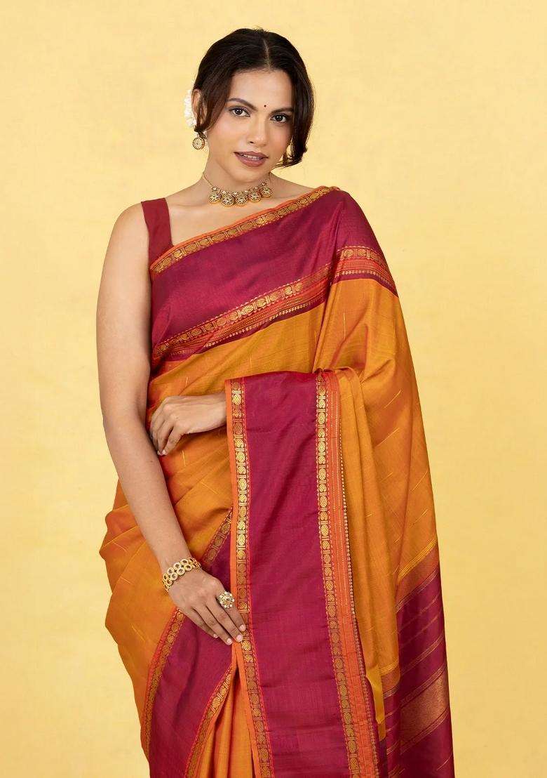 Oil Mustard Handloom Kanchipuram Silk Saree With Raindrop Buttas With Buttas And Brocade Design For Women - Indya