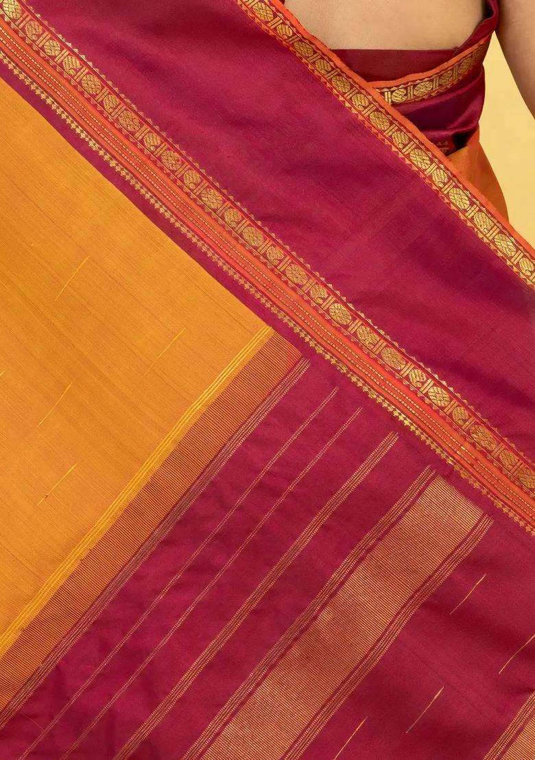Oil Mustard Handloom Kanchipuram Silk Saree With Raindrop Buttas With Buttas And Brocade Design For Women - Indya