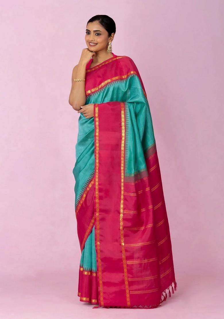 Turquoise Handloom Korvai Kanchipuram Silk Saree With Contrast Border With Korvai And Temple Border Design For Women - Indya