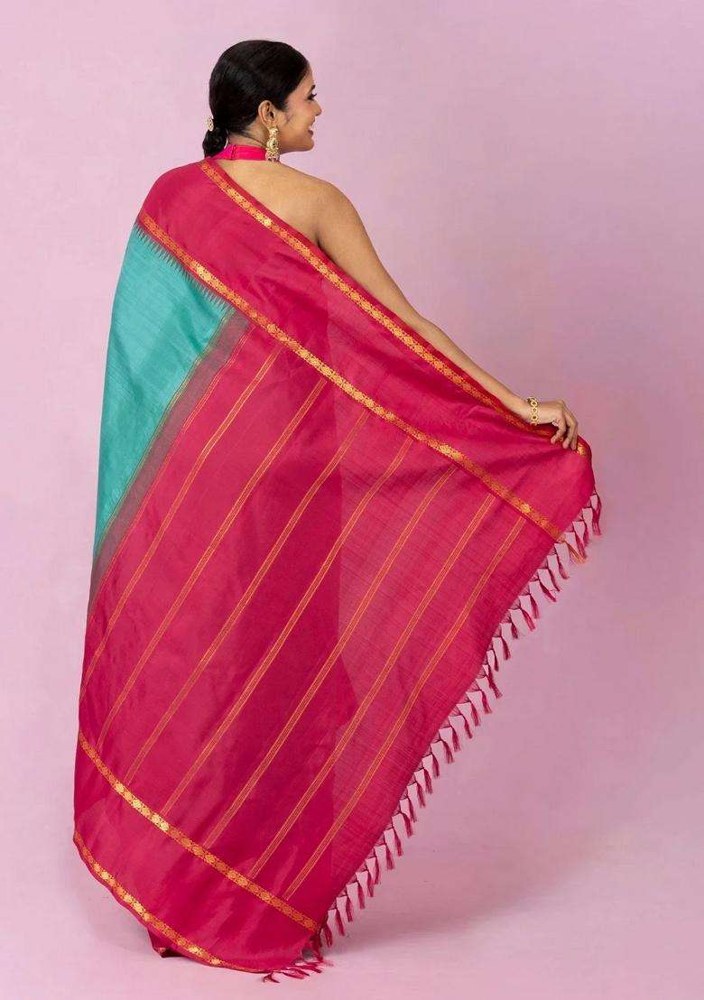 Turquoise Handloom Korvai Kanchipuram Silk Saree With Contrast Border With Korvai And Temple Border Design For Women - Indya