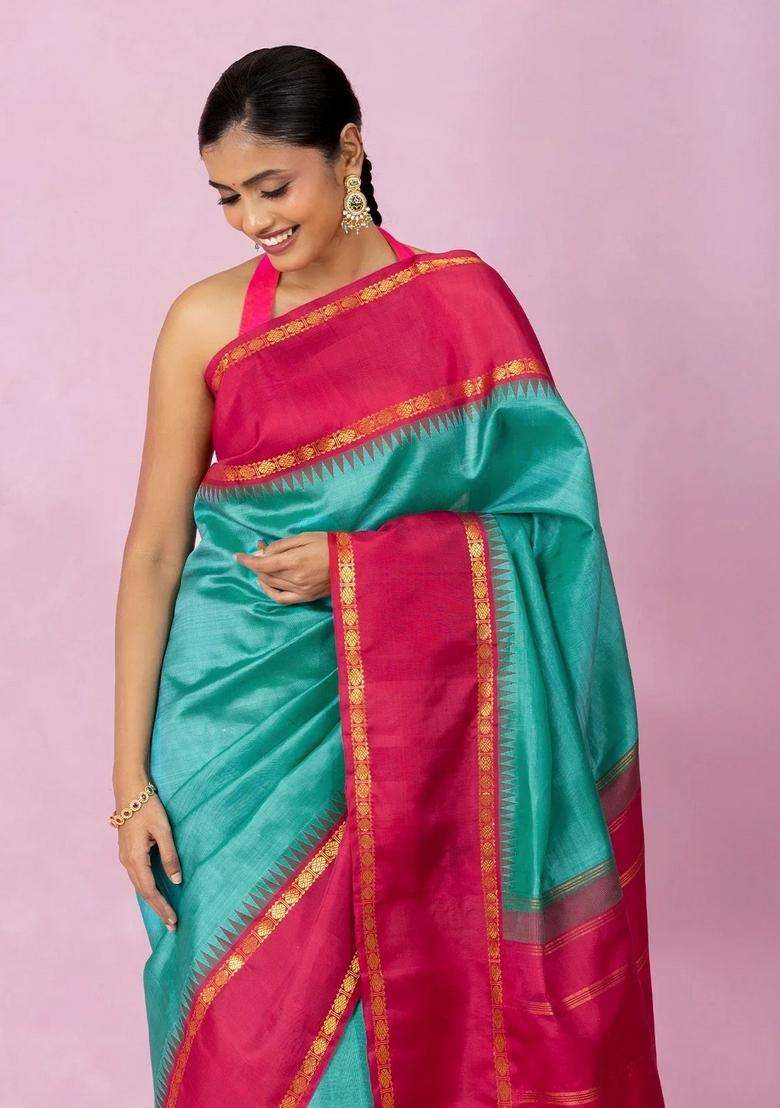 Turquoise Handloom Korvai Kanchipuram Silk Saree With Contrast Border With Korvai And Temple Border Design For Women - Indya