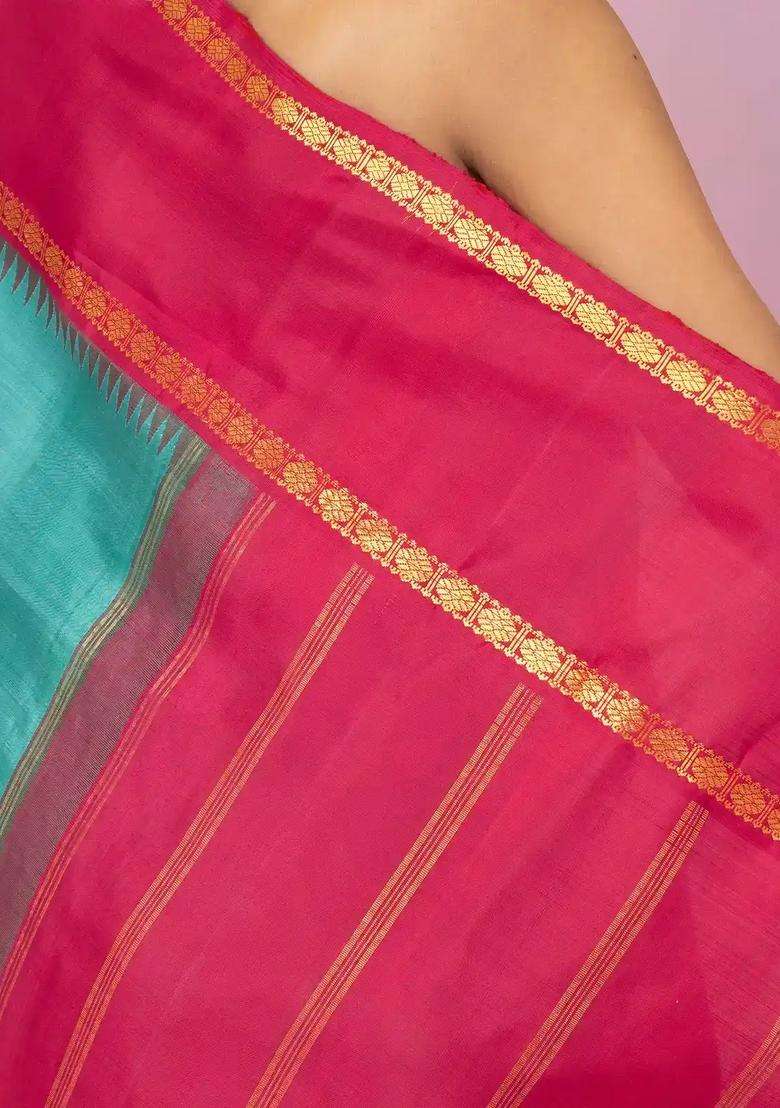 Turquoise Handloom Korvai Kanchipuram Silk Saree With Contrast Border With Korvai And Temple Border Design For Women - Indya