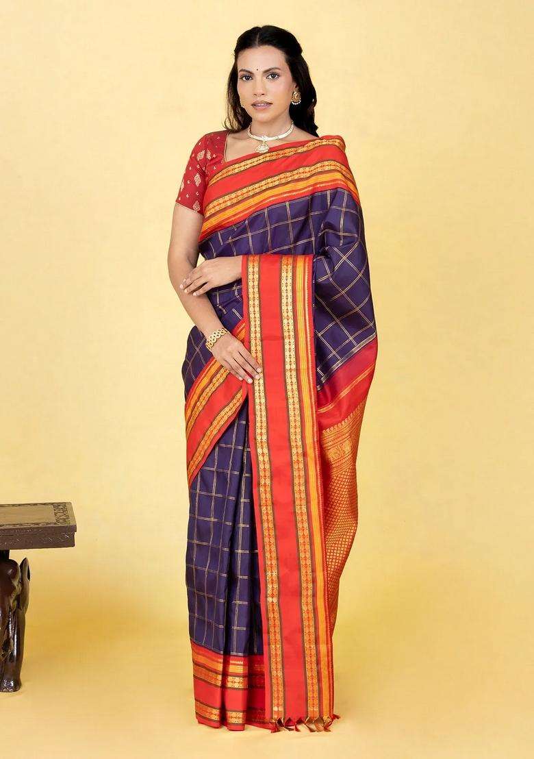 Deep Purple Handloom Korvai Kachipuram Silk Saree With Zari Checks With Korvai And Temple Border Design For Women - Indya