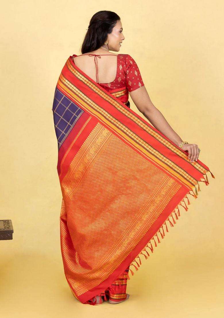 Deep Purple Handloom Korvai Kachipuram Silk Saree With Zari Checks With Korvai And Temple Border Design For Women - Indya