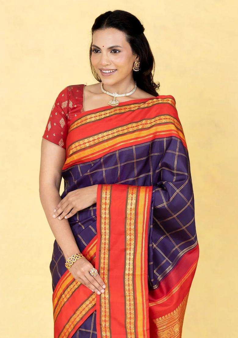 Deep Purple Handloom Korvai Kachipuram Silk Saree With Zari Checks With Korvai And Temple Border Design For Women - Indya