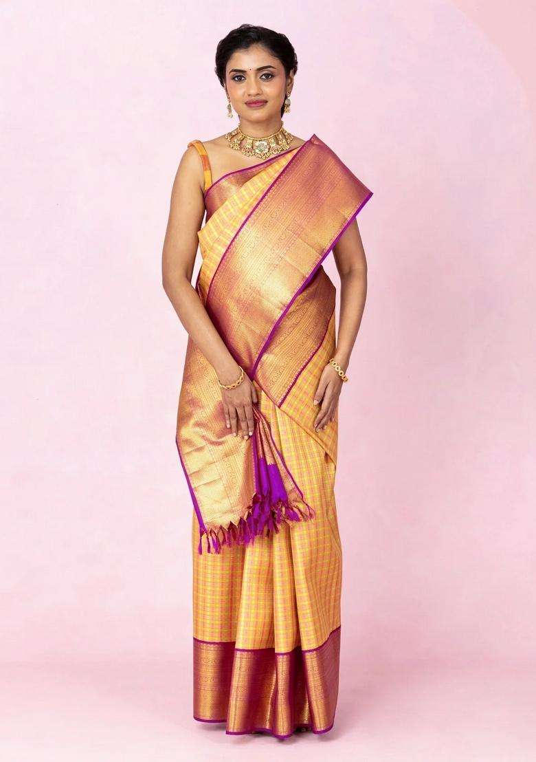 Multi Colour Handloom Korvai Kanchipuram Silk Saree With Checks With Korvai And Temple Border Design For Women - Indya