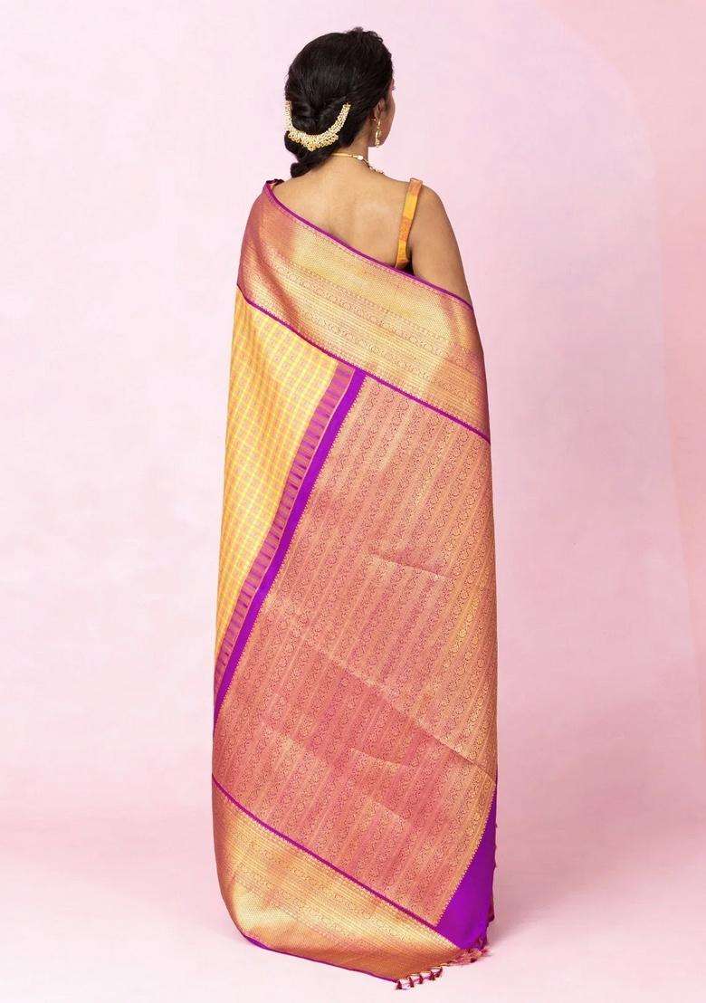Multi Colour Handloom Korvai Kanchipuram Silk Saree With Checks With Korvai And Temple Border Design For Women - Indya