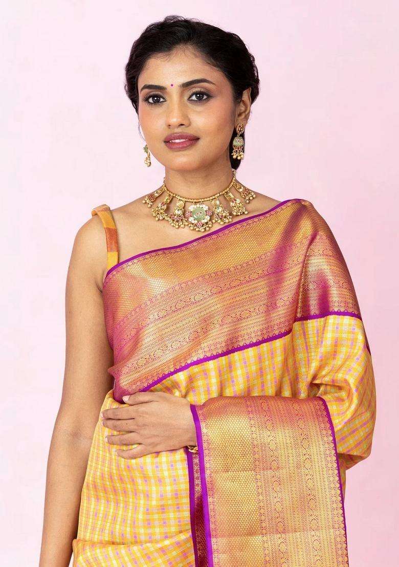 Multi Colour Handloom Korvai Kanchipuram Silk Saree With Checks With Korvai And Temple Border Design For Women - Indya