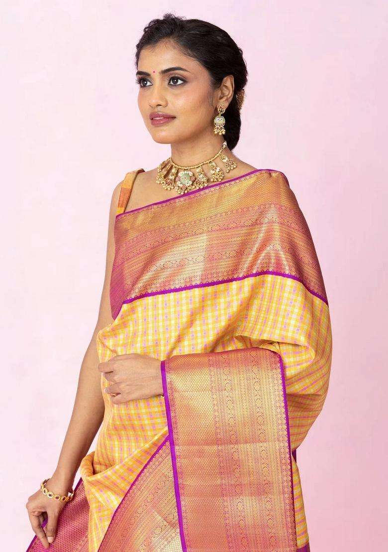 Multi Colour Handloom Korvai Kanchipuram Silk Saree With Checks With Korvai And Temple Border Design For Women - Indya
