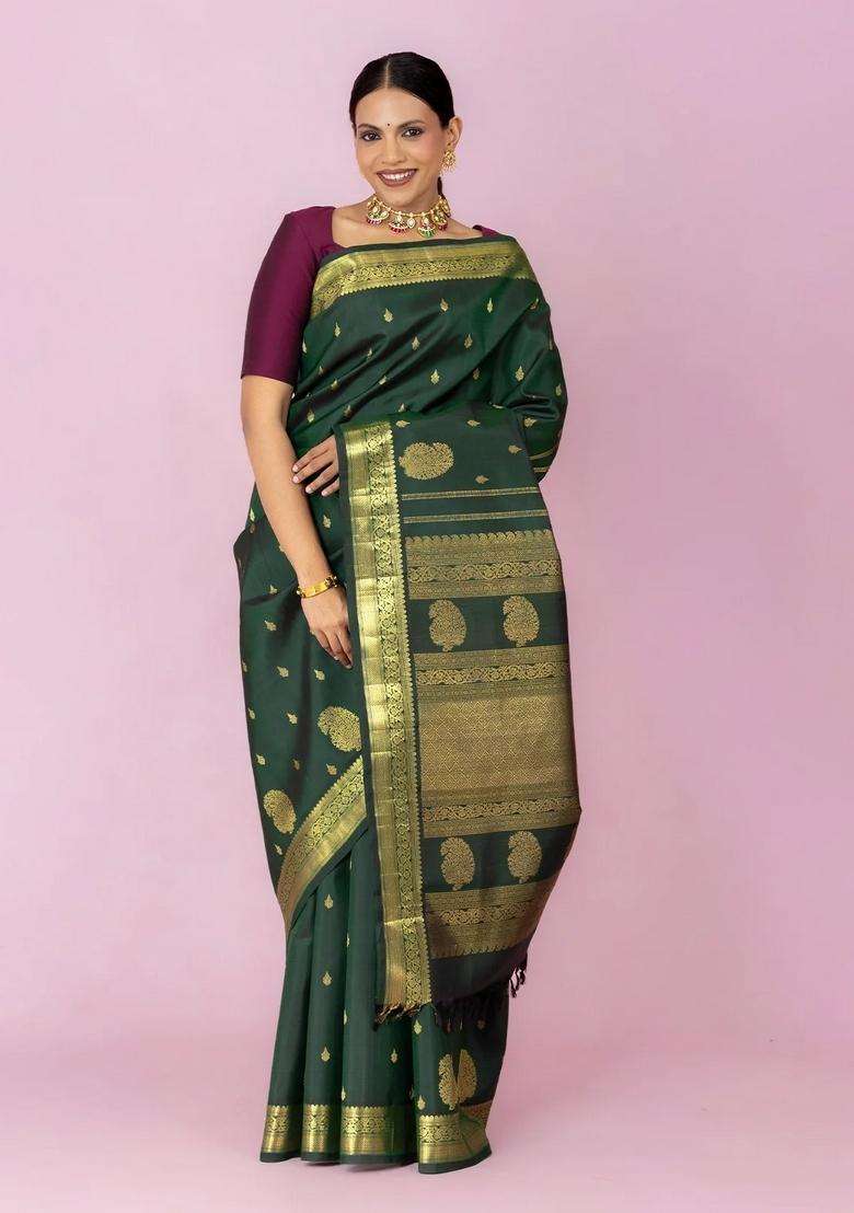 Bottle Green Handloom Kanchipuram Silk Saree With Zari Buttas With Buttas And Brocade Design For Women - Indya