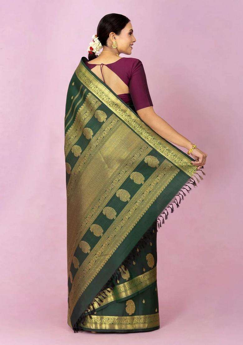 Bottle Green Handloom Kanchipuram Silk Saree With Zari Buttas With Buttas And Brocade Design For Women - Indya