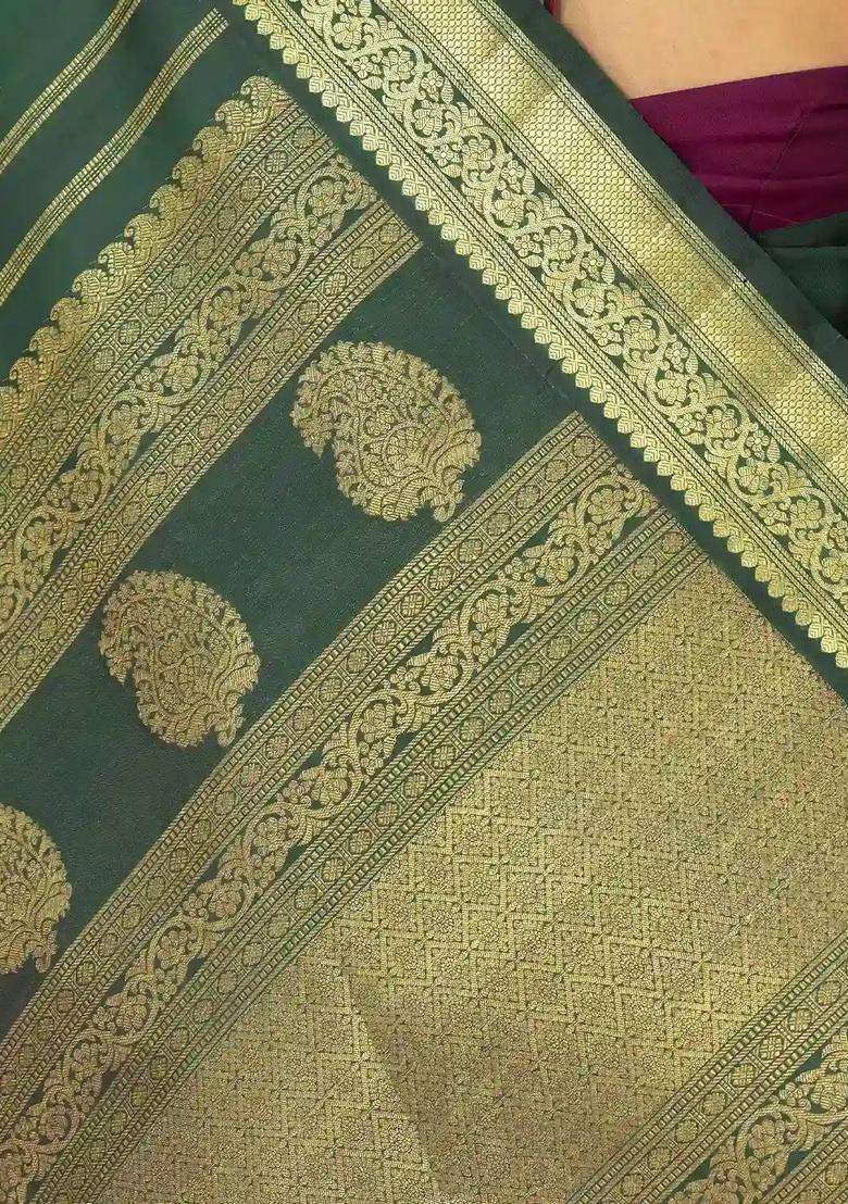 Bottle Green Handloom Kanchipuram Silk Saree With Zari Buttas With Buttas And Brocade Design For Women - Indya