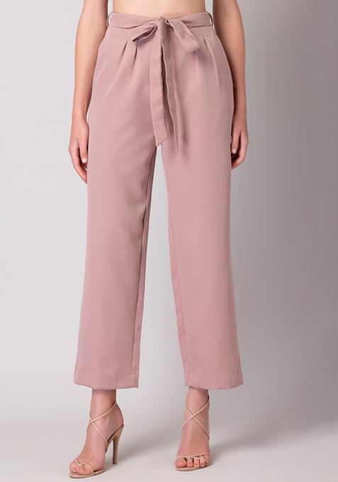 Buy Women Light Pink Straight Fit Trousers With Self Fabric Belt - AW ...