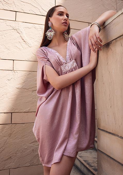 Pink Embellished Gathered Kaftan Dress