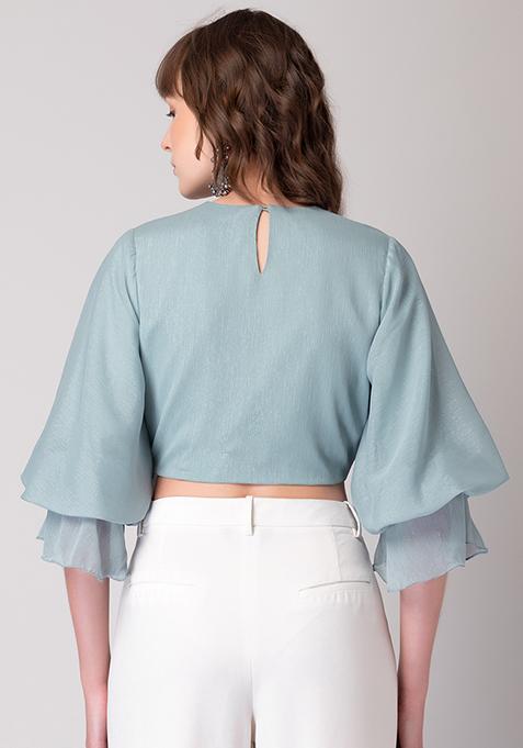 Buy Women Light Blue Balloon Sleeve Crop Top - Crop Tops Online India ...