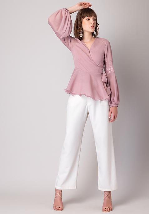 Buy Women Light Pink Embellished Sleeve Wrap Top - STT00027 - Siddartha ...