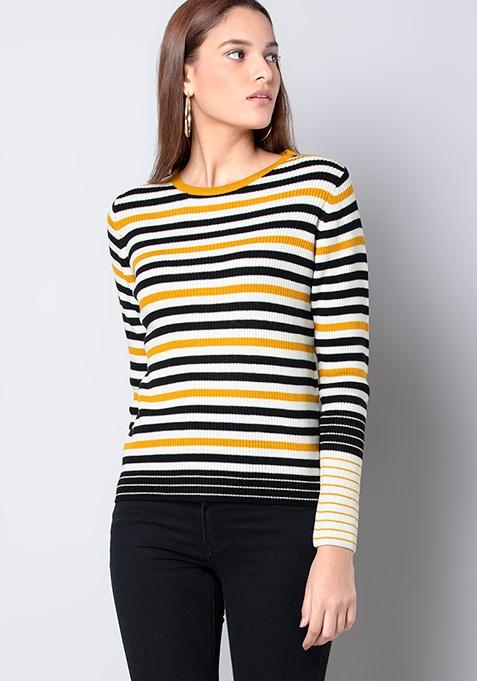 Buy Women Yellow Black Striped Round Neck Sweater - Fab-All-Ex ...