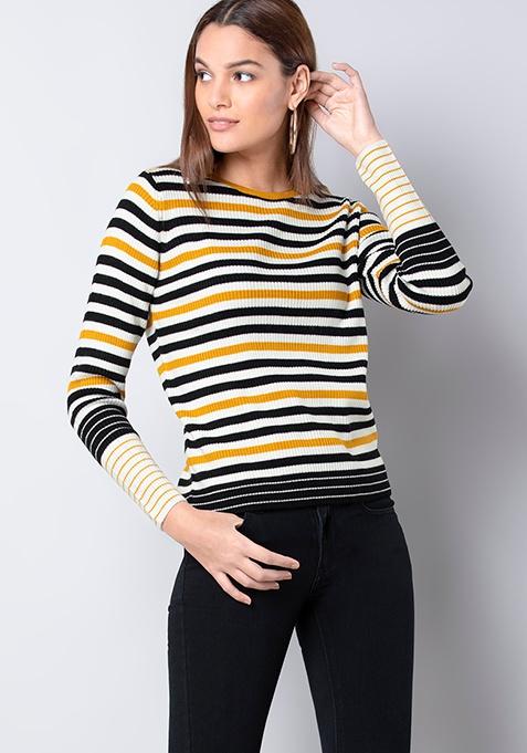 Buy Women Yellow Black Striped Round Neck Sweater - Fab-All-Ex ...