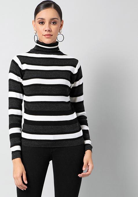 Black White Striped Turtleneck Sweater 