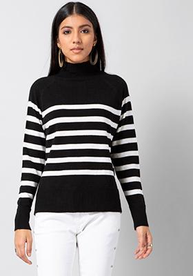 Black White Striped High Neck Sweater 