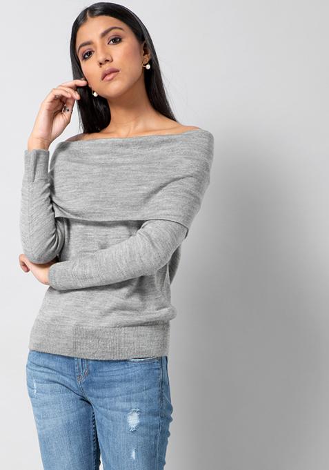 Grey Fold Neck Off Shoulder Jumper 