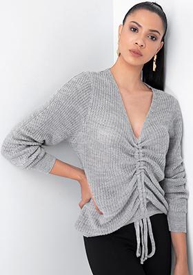 Grey Ruched Front Relaxed Sweater 