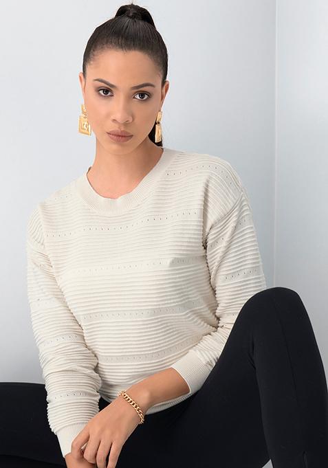 Ecru Straight Fit Textured Sweater 