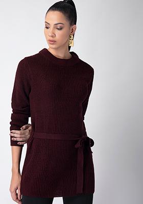 Wine Round Neck Belted Long Sweater 