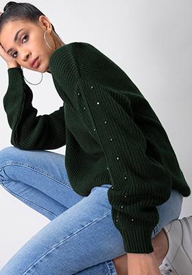 Olive Pearl Embellished Drop Shoulder Sweater 