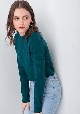 Teal Round Neck Crop Sweater 
