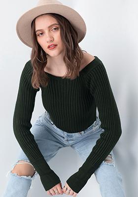 Dark Green Square Neck Fitted Crop Sweater 