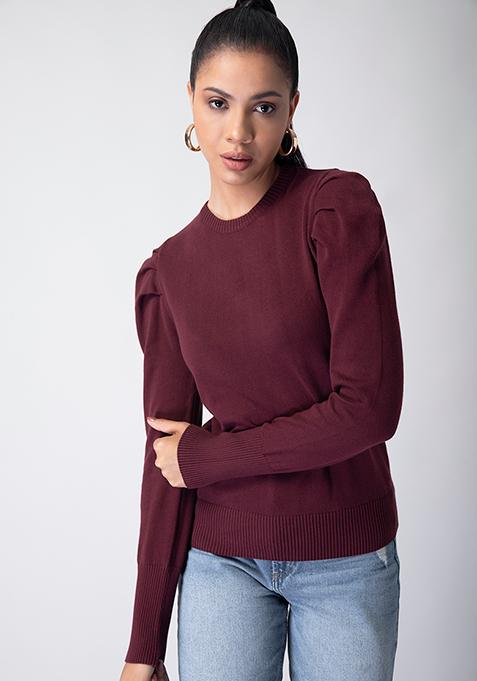 Wine Puff Sleeve Sweater 