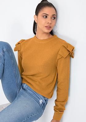 Mustard Ruffled Straight Fit Sweater 