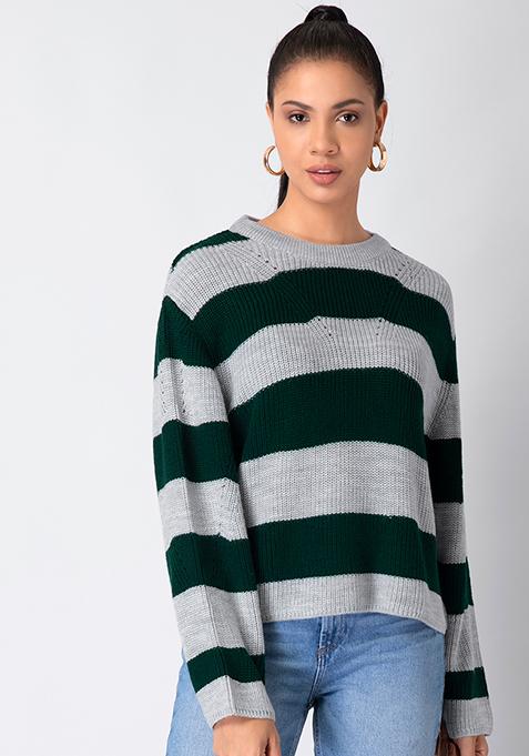 Grey Green Round Neck Striped Sweater 