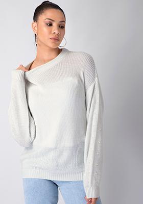 Off White Pearl Embellished Drop Shoulder Sweater 