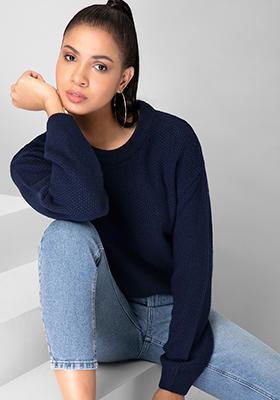 Navy Straight Fit Textured Sweater 