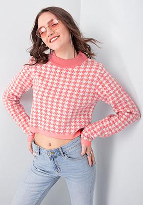 Pink Houndstooth Round Neck Crop Sweater 